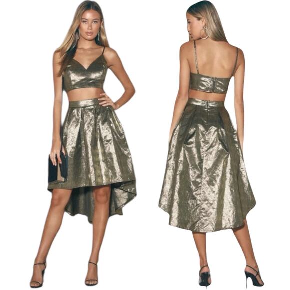 Lulu's Pure Brillance Metallic Cami Skirt 2pcs Set Gold Size M - Picture 2 of 11